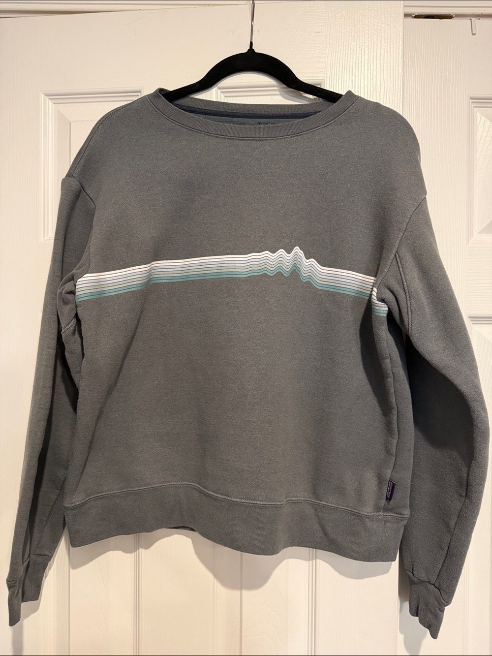 Patagonia Men's Gray Crewneck with White & Light Blue Stripe